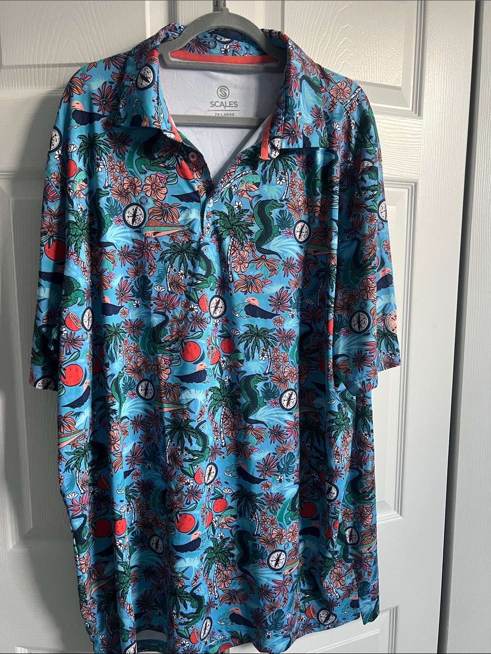 SCALES Men’s Tropical Print Polo in Bright Blue with Coral Accents